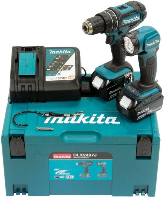 Makita DLX2497J Akku Schlagbohrschrauber DHP482 LED Lampe 2 x 3,0Ah Ladegerät