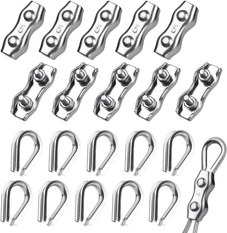 10 Stück 5-mm-Stahlkabelklemmen + 10 Stück Kabelschuhe, Edelstahl 304 für 3–4 mm Stahlkabel, Wäscheleine