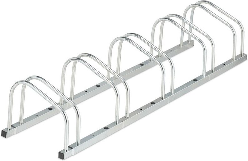 Relaxdays Fahrradständer Boden, für 5 Fahrräder, bis 50 mm Reifenbreite, Metall, Garage, Fahrrad-Aufstellständer, silber
