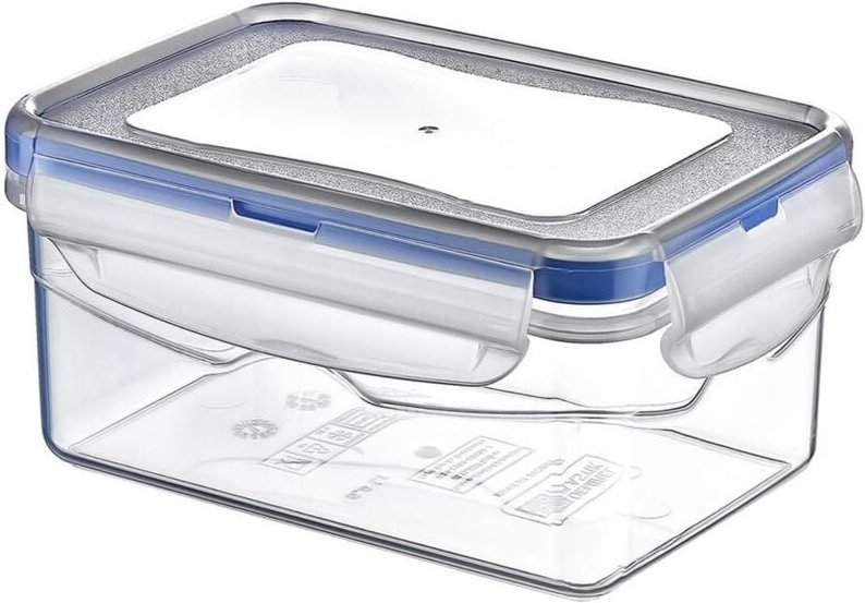 Transparent plastic container with tight fitting lid and clips