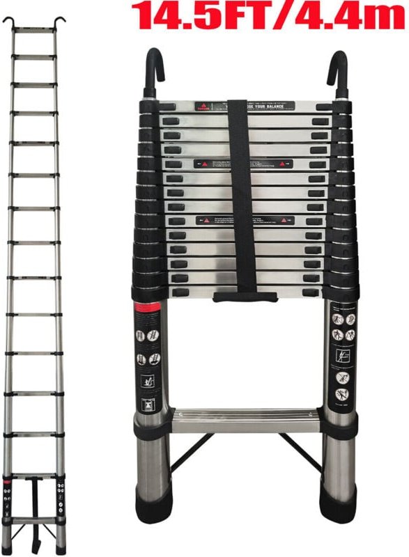 Teleskopleiter ausziehbar 14.5FT/4.4M Höhe Anlege- Klappleiter 150kg Belastbarkeit