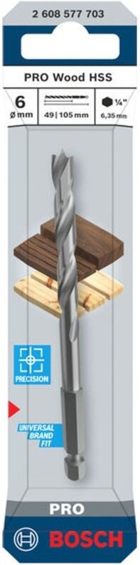 Bosch PRO Holzspiralbohrer HSS Wood, 6x49x105 mm