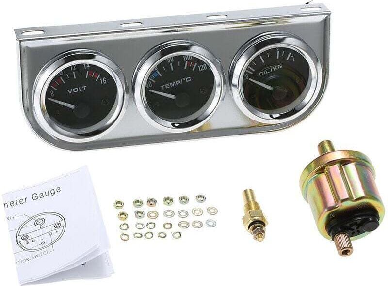 52-mm-Öldruck-, Wassertemperatur- und Voltmeter-Anzeige, 3-in-1-Instrumentensatz, verchromt, für Auto und Motorrad, schw...