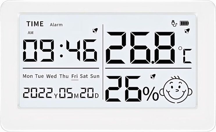 Wiederaufladbares digitales Hygrometer/Thermometer mit Wecker, Datumsanzeige und Komfortstufen-Symbolen für Zuhause und ...