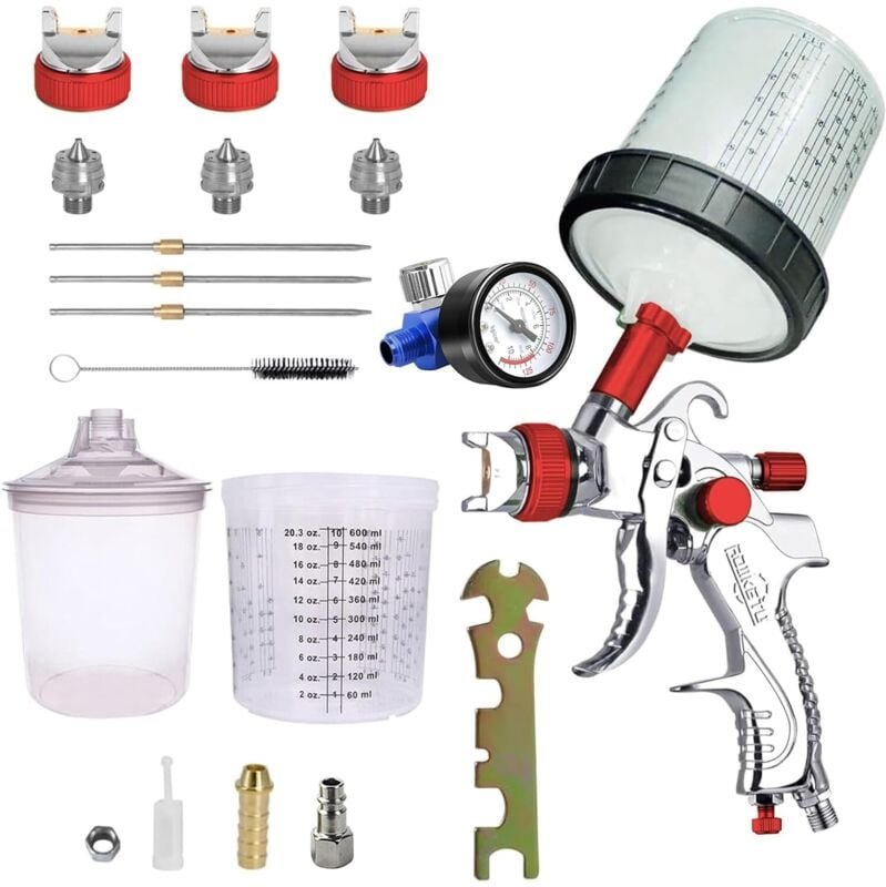 Professionelle HVLP-Farbspritzpistole 600 ccm mit 3 Düsen 1,4 mm 1,7 mm 2,0 mm, mit Luftregler, 600 ml Einwegbecher und ...