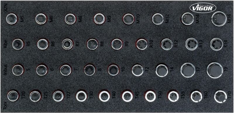 Schraubendreher-Einsatz Satz, 5 - 19, M5 - M16, T20 - T70, Anzahl Werkzeuge: 36, in 2K Weichschaum-Einlage - Vigor