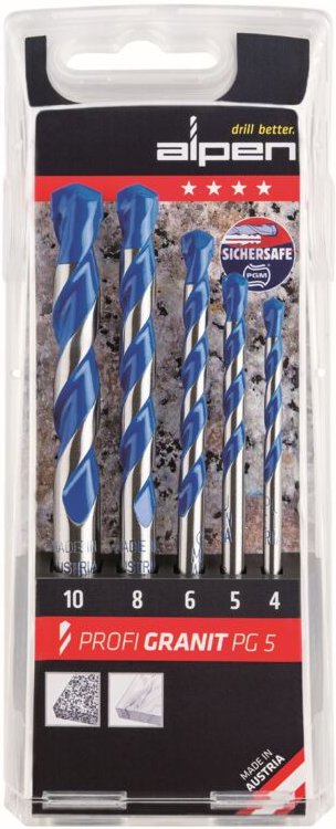 Alpen - Hartmetall Granitbohrer Set Profi Granit pg 5, 5 tlg, 4 / 6 / 8 / 10 mm
