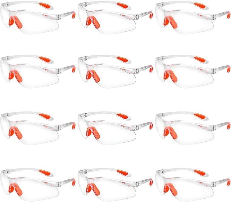 12 Stück transparente Schutzbrillen mit Kunststoffgläsern, Nasensteg und Bügelenden