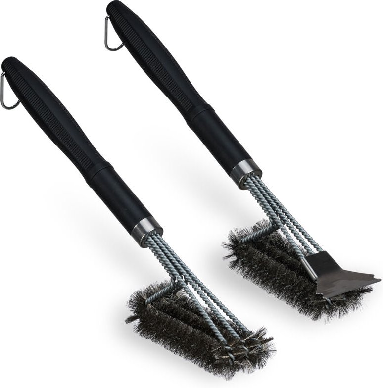 Relaxdays Grillbürste Edelstahl 2er Set, Grillrost-Bürste mit Schaber, 45 cm lang, Profi Drahtbürste dreireihig, schwarz