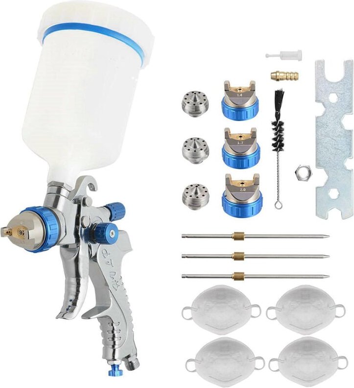 Farbspritzsystem mit Farbpistole und 3 Düsen (1,4 mm / 1,7 mm / 2,0 mm), blau