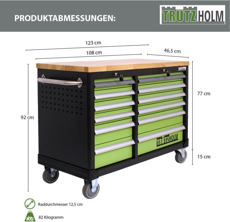 Trutzholm ® - Werkstattwagen deluxe 2 x 6 Schubladen bestückt 92x123 cm mit massiver Arbeitsplatte