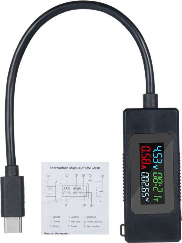 Decdeal USB-C-Spannungstestermesser Typ-C und Strom 4-30 V 0-6,5A 195W USB Ladegerät Voltmeter mit Farb-LCD-Anzeige