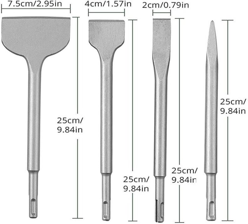 Set mit 4 Betonmeißeln und Bohrer für Schlagbohrmaschinen, bestehend aus einem Spitzmeißel und einem Flachmeißel (20 mm,...