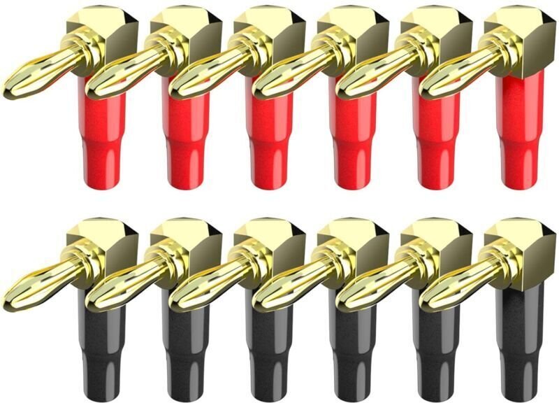 Rechtwinklige Bananenstecker, 4 mm, 24 Karat vergoldet, 90°-Schraubanschluss für Lautsprecherkabel, 12 Stück