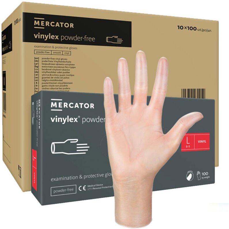 Vinylhandschuhe Größe L, puderfrei, Mercator Vinylex transparent, 100 Stück, Karton (10er-Packung)