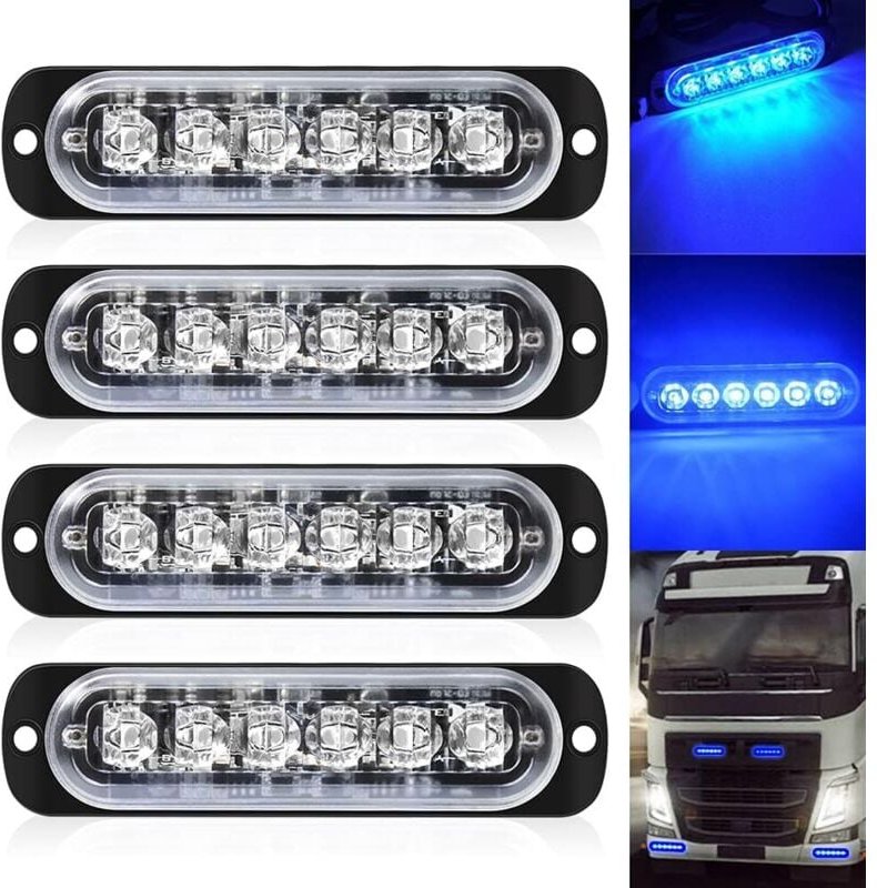 Tonchean - 4er-Pack – Ultradünnes blaues Blitzlicht mit 6 LEDs – Mini-LED-Lichtleiste, Notlichtleiste, 18 Blinkmodi, 12 ...