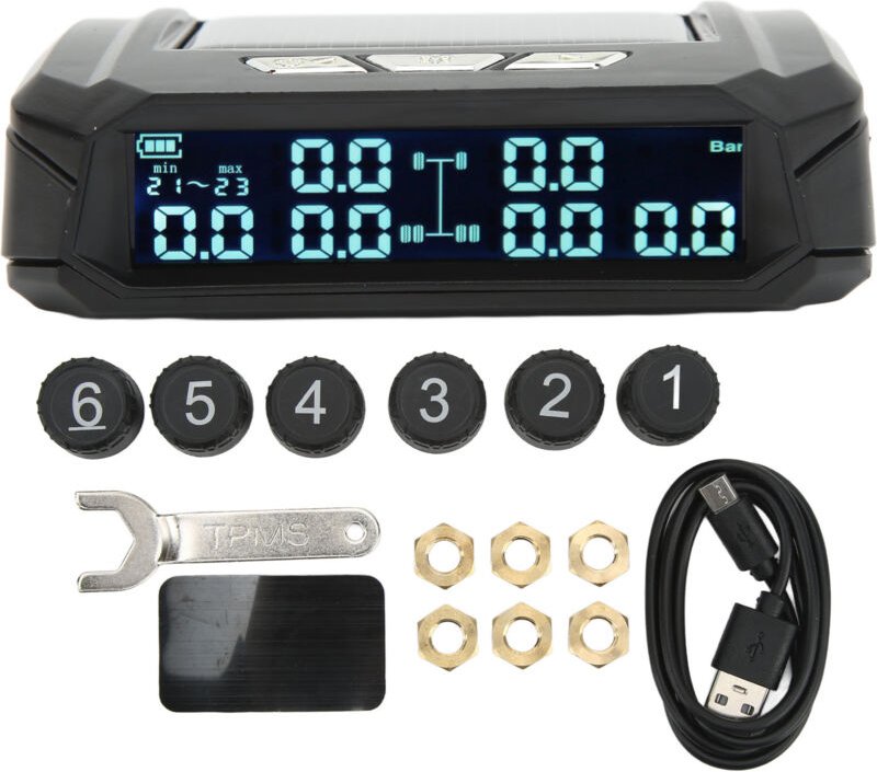 Haofy TPMS Reifendruckkontrollsystem, kabelloser Solarmonitor mit 6 Sensoren, LCD-Bildschirm, IP67 wasserdicht für 6-Rad...