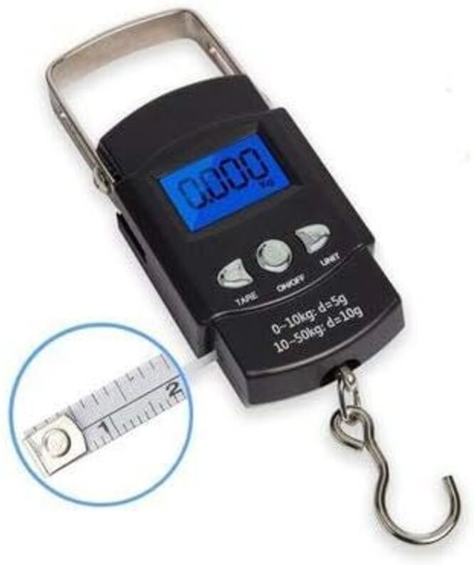 Digitale Gepäck-/Fischwaage mit hintergrundbeleuchtetem LCD-Display und Maßband, automatischer Tara-Funktion und automat...