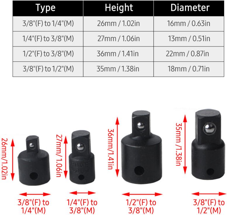 Decdeal 4 PCs Impact Socket Adapter Reduzier 1/4-Zoll 3/8-Zoll 1/2-Zoll-Treiberbekehrungen Stahlmutter für Bohrer