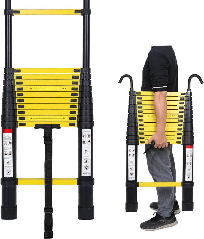 Thumbnail - Randaco Teleskopleiter Mit Haken Aluminium Stehleiter schwarz+gelb 3.8m