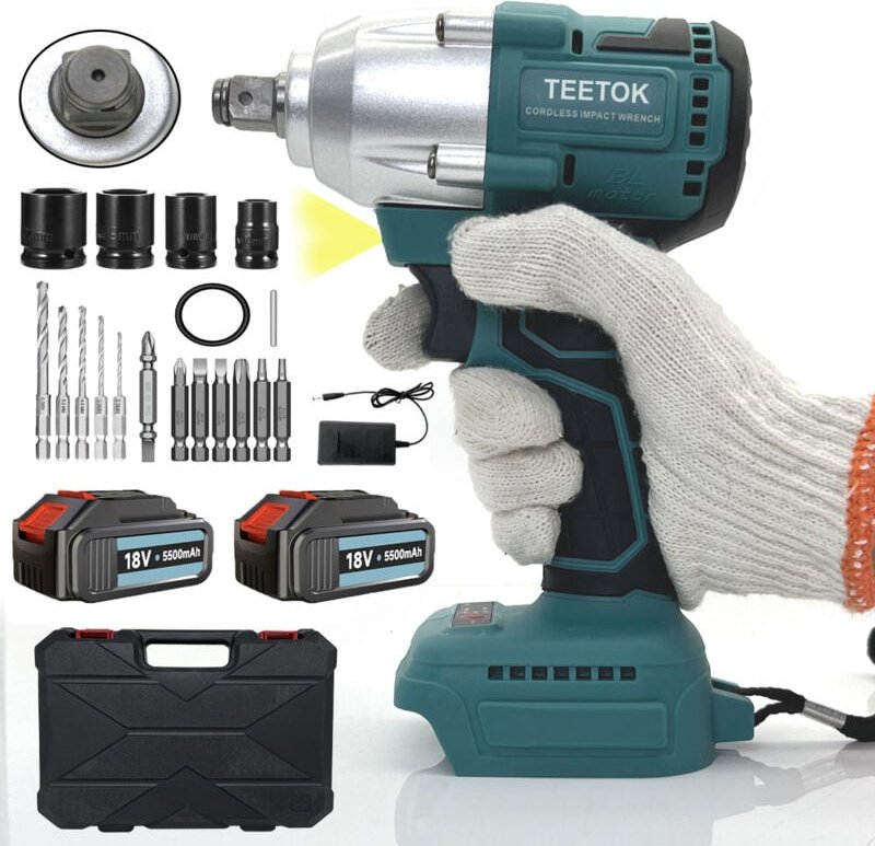 Teetok - Akku-Schlagschrauber 450 Nm hohes Drehmoment, bürstenloser Motor, mit 2 5,5 Ah Lithium-Akkus, geeignet für Fami...