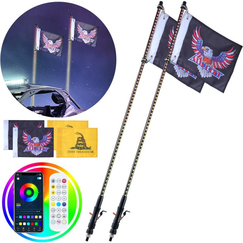 2 Stück Peitschenlicht 122 cm, LED-Peitschenlicht mit app- und RF-Fernbedienung, wasserdichte RGB-Peitschen mit Lauflich...