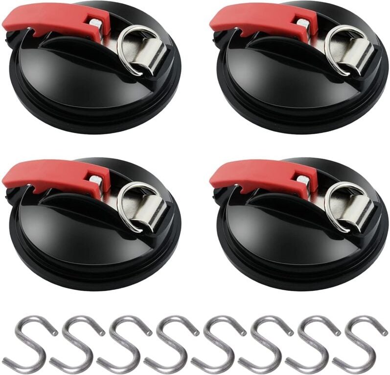 4 Stück Saugnapf-Anker mit Spannhaken-Befestigung, 8 S-Haken, Markisen-Saugnapf-Befestigungshaken für Auto-Seitenzelte, ...