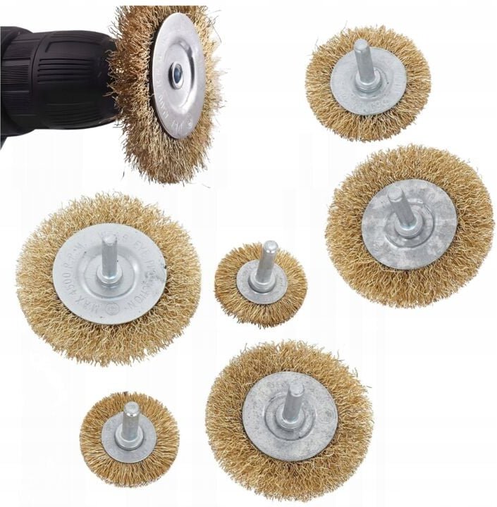 Drahtbürste für Bohrmaschine SET mit 6 Bürsten 50-75 mm vermessingter Stahl
