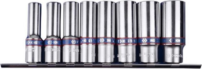 King tony komplet nasadek 3/8" 8 elem. długie 6-kątne 10 - 19mm, chrom, na szynie