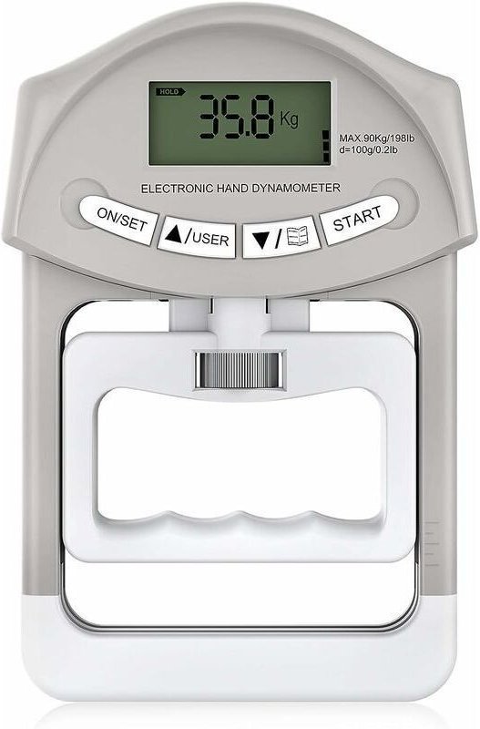 Elektronisches Handdynamometer mit einer Greifkapazität von 90 kg / 200 lbs und 19 einzelnen Scheibensätzen.