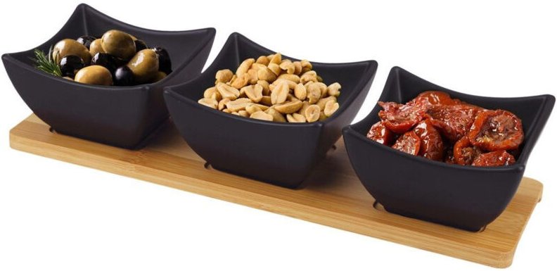 3er set schwarze porzellanschalen auf bambustablett zum servieren