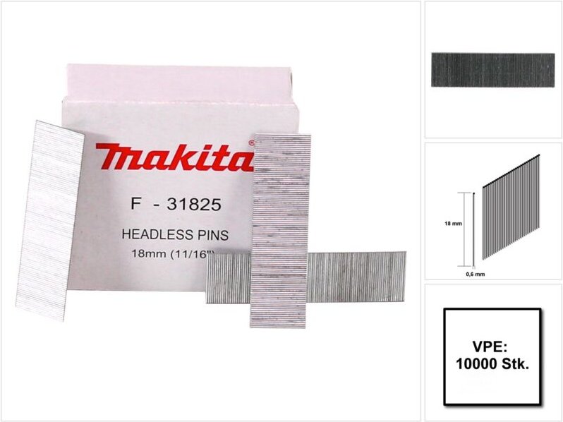 Stifte Pins 18 x 0,6 mm 10000 Stück ( F-31825 ) für Akku Pintacker DPT351 / DPT353 - Makita