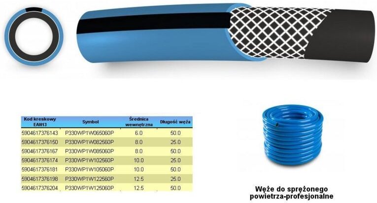 Wąż do sprężonego powietrza fi = 8mm x 50m, niebieski, profesionalny