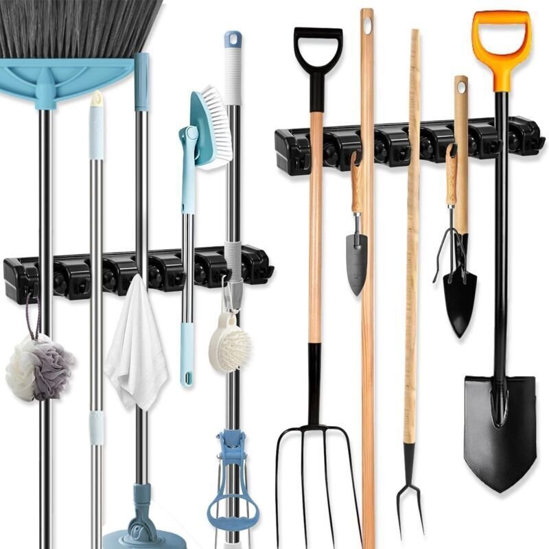2-teiliger Wandbesenhalter, Wandbesenständer mit 10 Schlitzen und 12 Haken – Wandmontage für Besen, Gartengeräte und Gar...