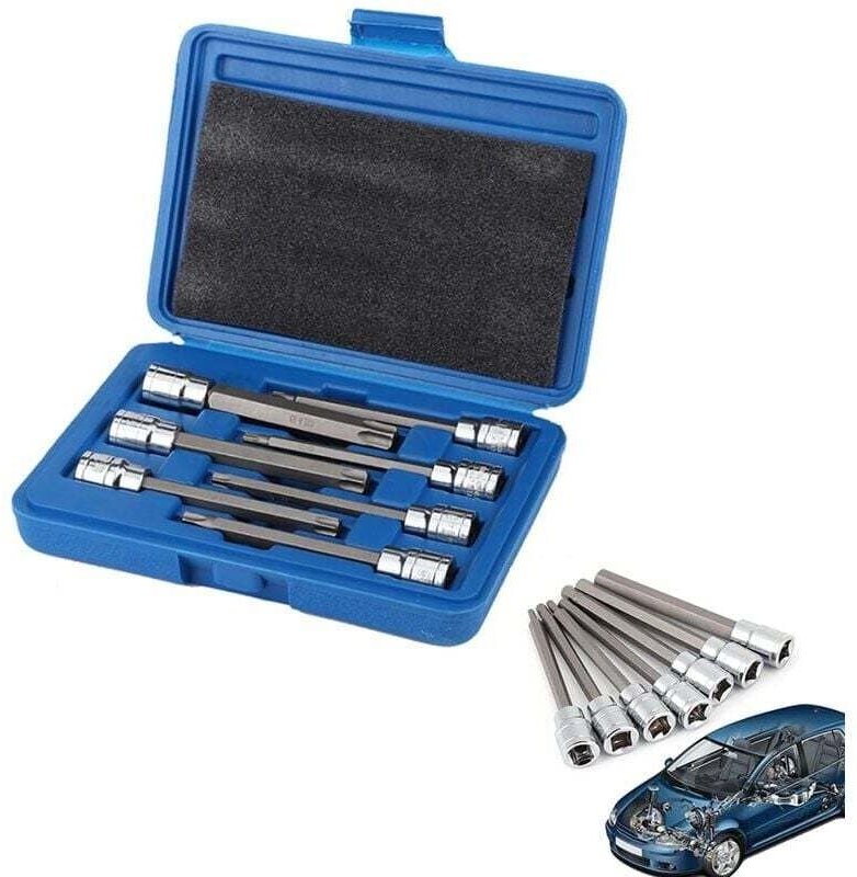 7-teiliger langer Torx-Steckschlüsselsatz T25 bis T60, 110 x 9,5 mm, mit blauem Etui