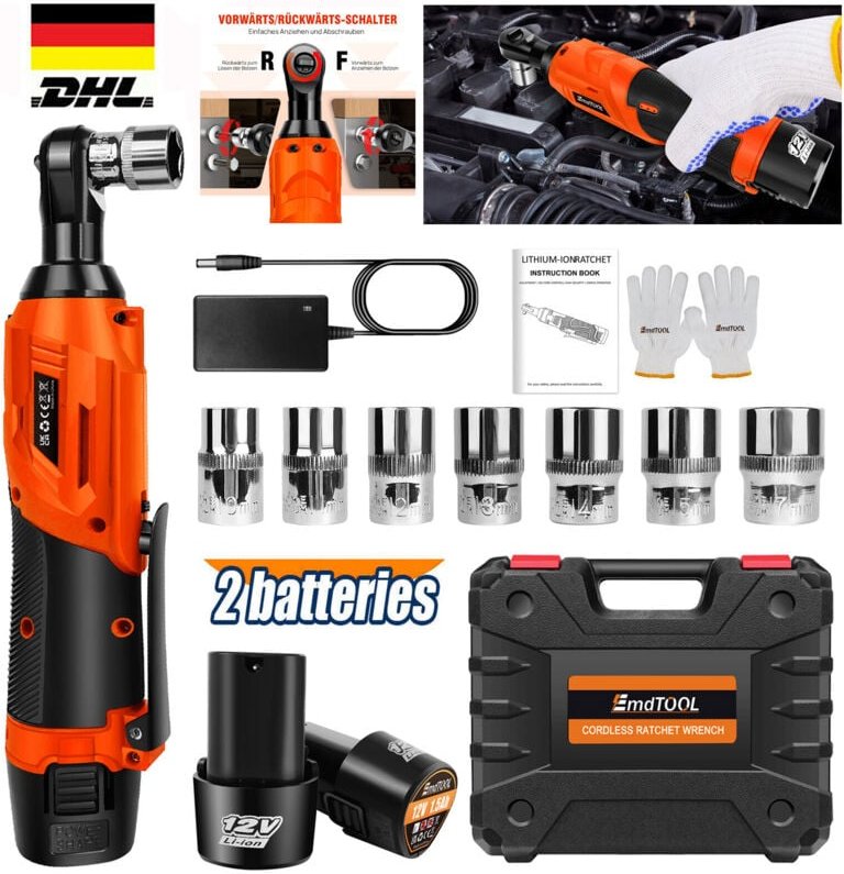 Dayplus - 3/8' Akku-Ratsche Ratschenschlüssel Elektrische Knarrenschlüssel Set 2x Akku 12V