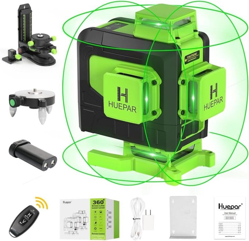 Huepar 904DG 4x360 Laserniveau Selbstnivellierend 16 Linien Grüner Strahlen 4D Kreuzlinien Fliesen Boden Laserwerkzeug-H...