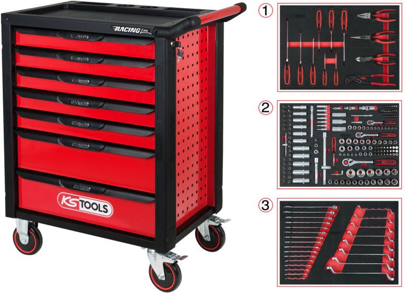 Ks Tools Werkstattwagen RACINGline schwarz/rot mit 7 Schubladen und 215 Premium-Werkzeugen
