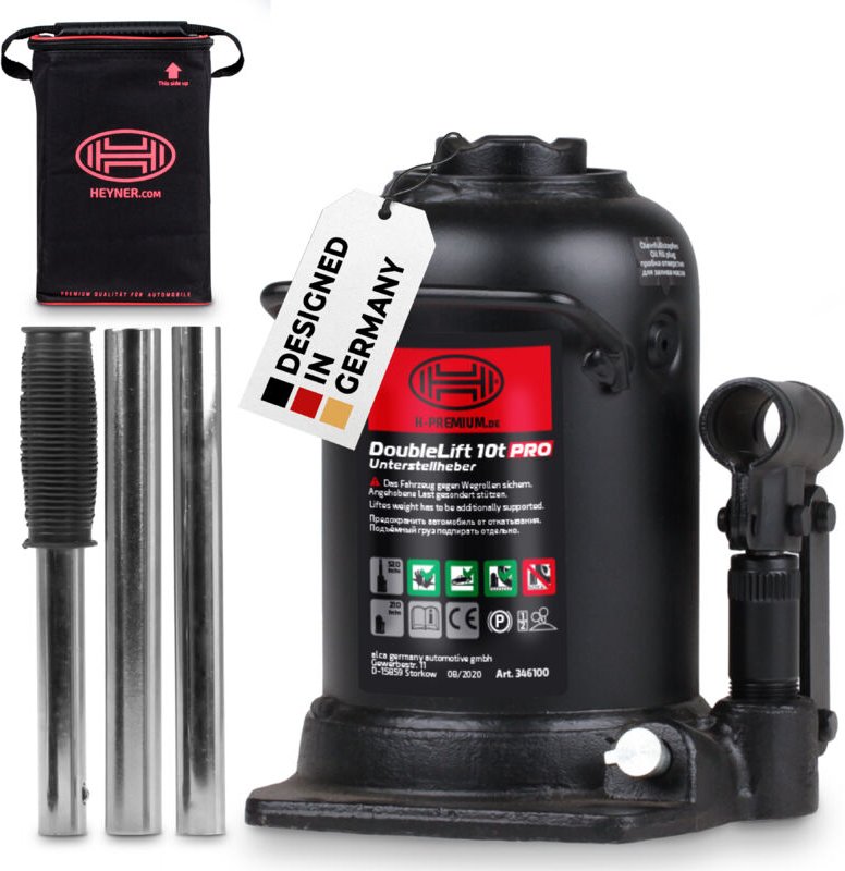 HEYNER® Stempelwagenheber Hydraulisch 10t Wagenheber Doppelhub-Unterstellheber I Hubhöhe 210-442mm I Doppelter Hubkolben...