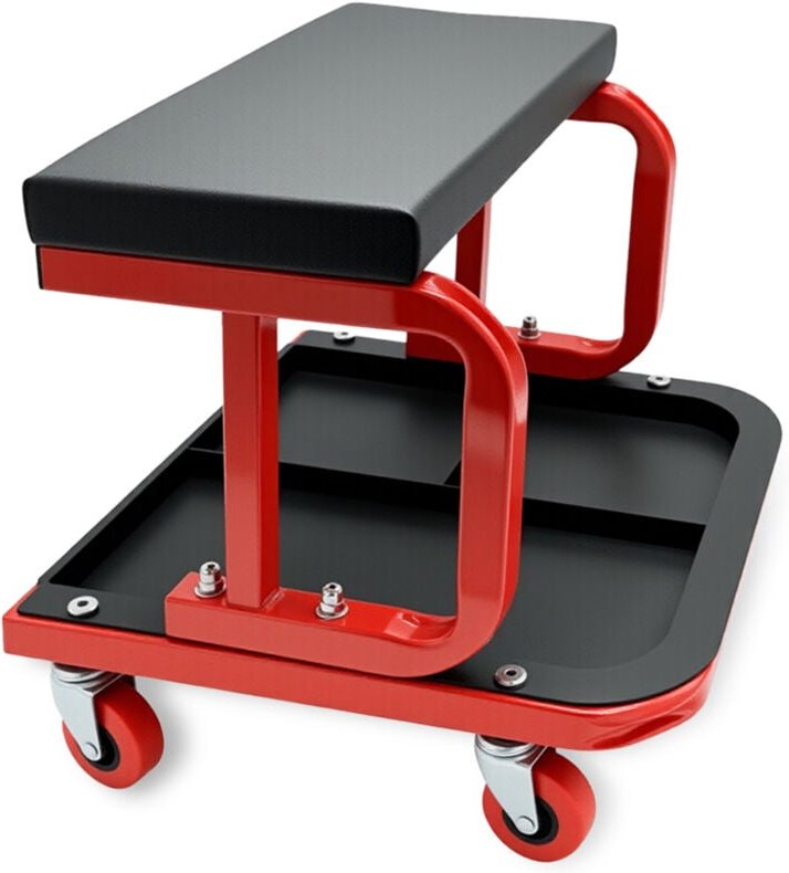 Relaxdays Werkstatthocker mit Ablage, bis 100 kg, gepolsterter Sitz, 4 Rollen, Montagehocker, schwarz-rot