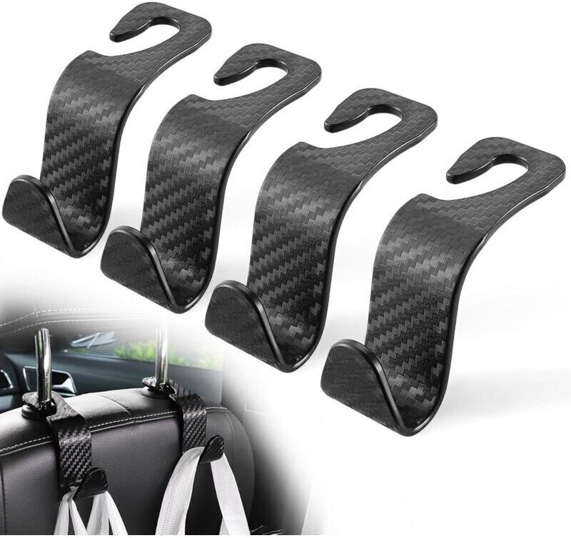 Set mit 4 Universalhaken für Geldbörsen, Autositz-Kopfstützen, Jacken, Regenschirme und Einkäufe – Schwarze Kohlefaser