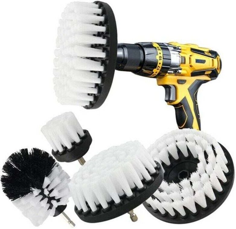 Brosse Nettoyage Perceuse 5 pièces, Brosse pour Perceuse Voiture Carrelage Tapis Baignoire Cuisine Toilettes Blanc