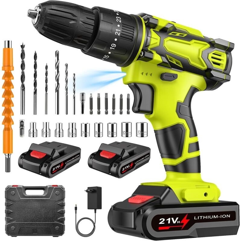 Akku-Bohrschrauber, 21-V-Schrauber mit 2 x 2,0-Ah-Akkus, 42-Nm-Schlagbohrer, 25+3 Drehmomenteinstellungen, 2 Geschwindig...