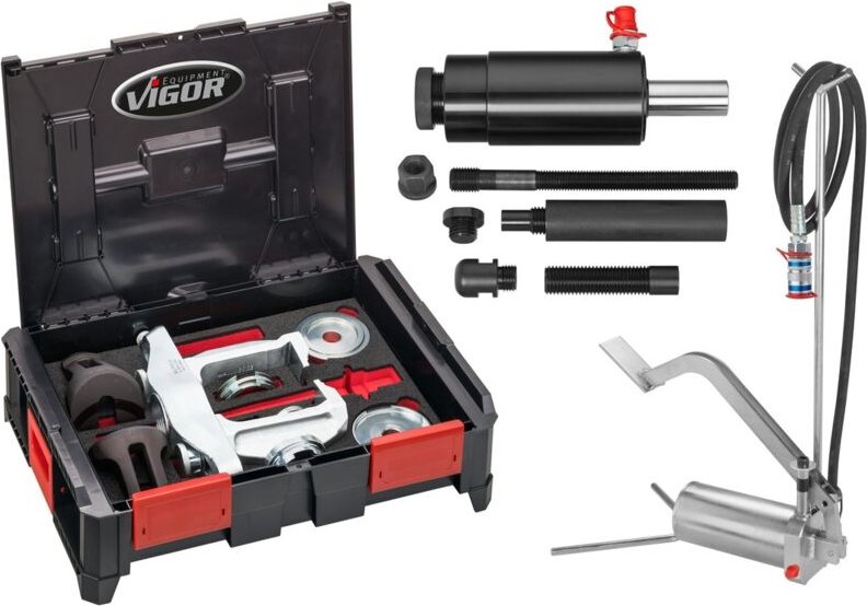 Kompakt-Radlager Demontage / Montage Satz mit Hydraulik-Fußpumpe, Anzahl Werkzeuge: 26 - Vigor