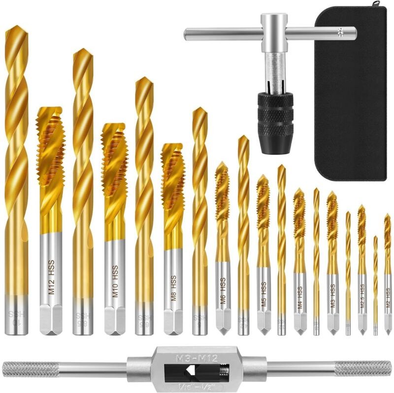21 Stück Metrischer Bohrer- und Gewindebohrer-Set, Gewindeschneider Set mit 9 Gewindebohrer M2-M12, 9 Spiralbohrer 1,5-1...