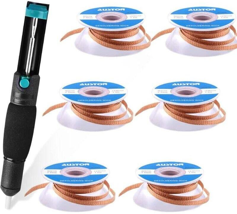 Set mit 7 Teilen: Entlötpumpe und Entlötlitze zum Entfernen von Lötzinn