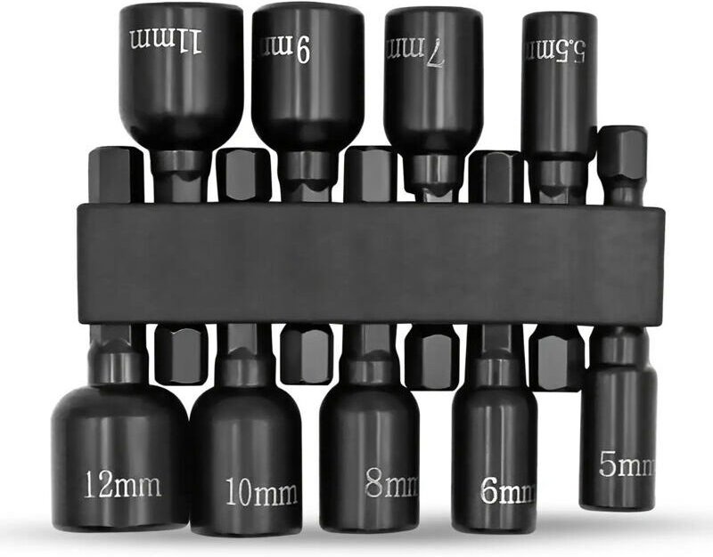 Set mit 9 magnetischen Sechskantbits 5-12 mm - Schwarzer Metalladapter, ohne Halterung/ohne Stromversorgung - Ideal für ...