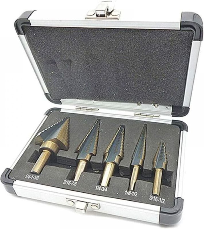 Vtizikl 5 Pcs Foret Fraise Meche Etage, Foret Étagé, avec Boîtier en Aluminium Professionnel, Tige Hexagonale, avec Tamp...