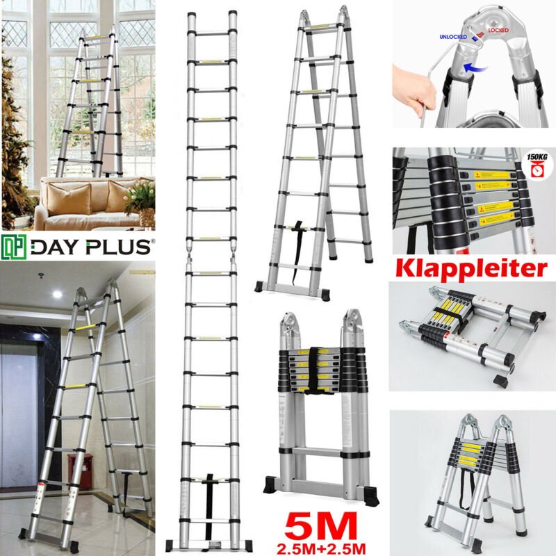 Alu Teleskopleiter Ausziehbar 5.0m Höhe Telescopic Ladder 150kg Stabil Profi Neu