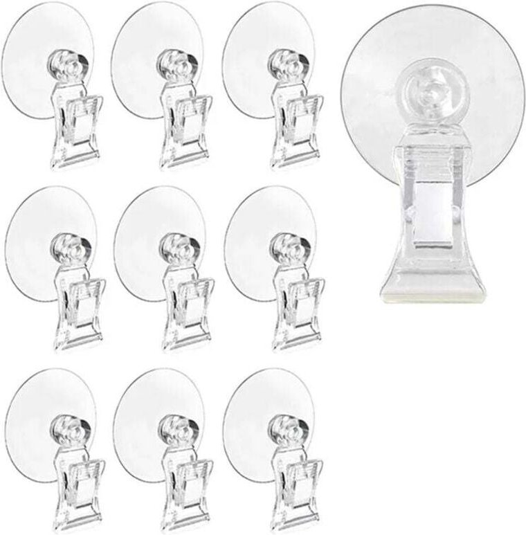 Set mit 10 transparenten Saugnäpfen mit Halterung für Werbedisplays im Badezimmerfenster